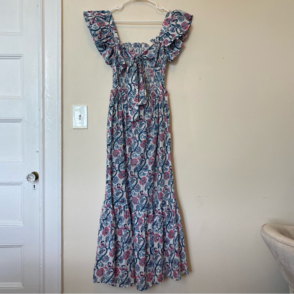 ANNA CATE Giselle Floral Block Print Ruffle Smocked Maxi Dress Blue/Pink Small - Picture 9 of 13